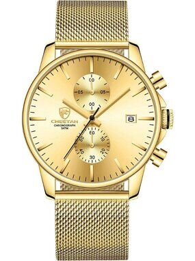 Men's Gold Quartz Analog Mesh Strap Stainless Steel Chronograph Round Watch